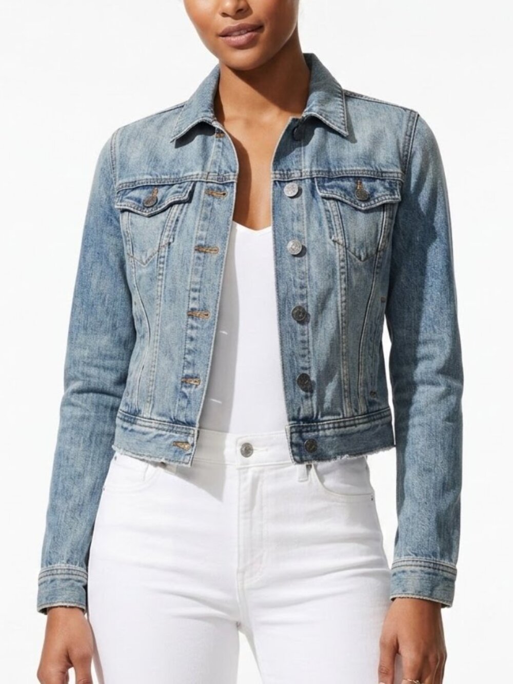 TALULA Aritzia Y2K Shrunken Cropped Denim Trucker Jacket Light Wash XS